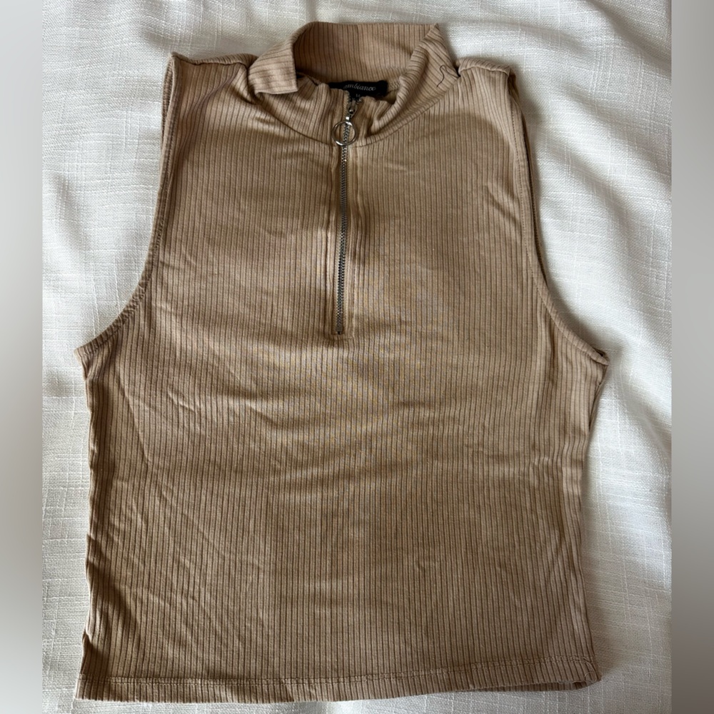 Ambiance Ribbed Mock Neck Sleeveless Top - Beige